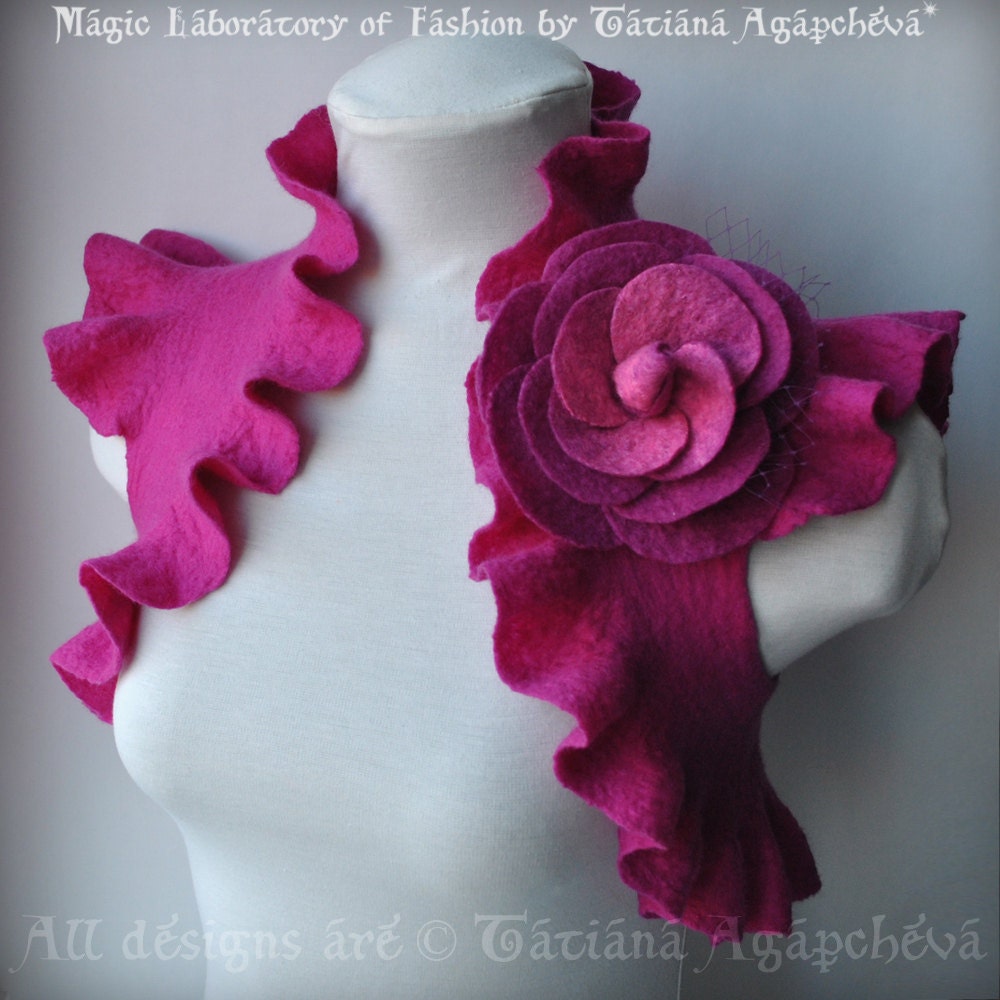 CLEARANCe Fuchsia Bolero, Shrug, Wedding Jacket, Felted, Huge Rose Corsage US Size 6, 2012 Design FUCHSIA ROSE