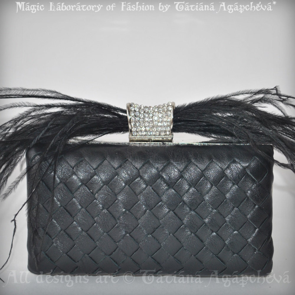 CLEARANCE Clutch, Purse Leather Italian Black Lambskin, intrecciato, Luxury, VENETO 1 TianaCHE