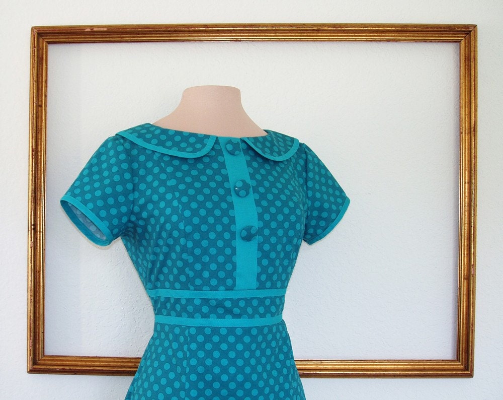 retro dress handmade clothing custom made with peter  collar in teal Polka dot - MARI style