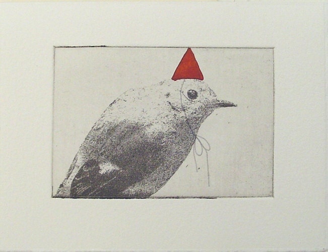 original etching of a party bird,hand pulled