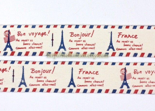 2 Yards Sewing Tape/Ribbon - Bonjour, Retro Blue and Red Paris Eiffel Tower