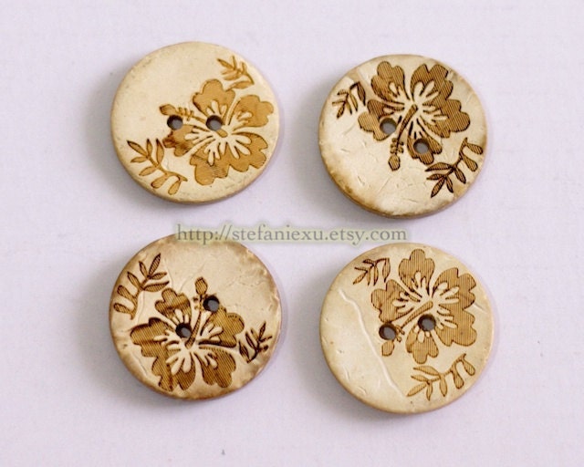 Natural Coconut Buttons - Beautiful Flower and Branch (4 in a set)