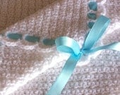 Crocheted White Baby Blanket with Ocean Blue Ribbon - ready to ship