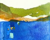 Large Abstract Landscape Painting, blue, green, orange, 25 x 30" ORIGINAL fine art -- "The Lake - Evening"