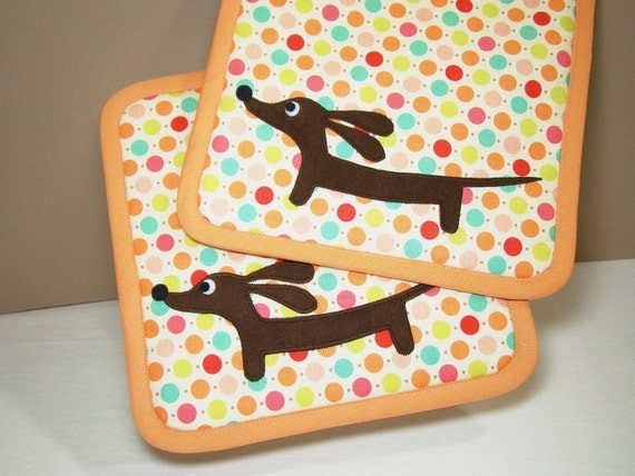 Doxie Rainbow Dot Kitchen Set of Two Supersized Dachshund Potholders Featuring Designer Cotton Fabric