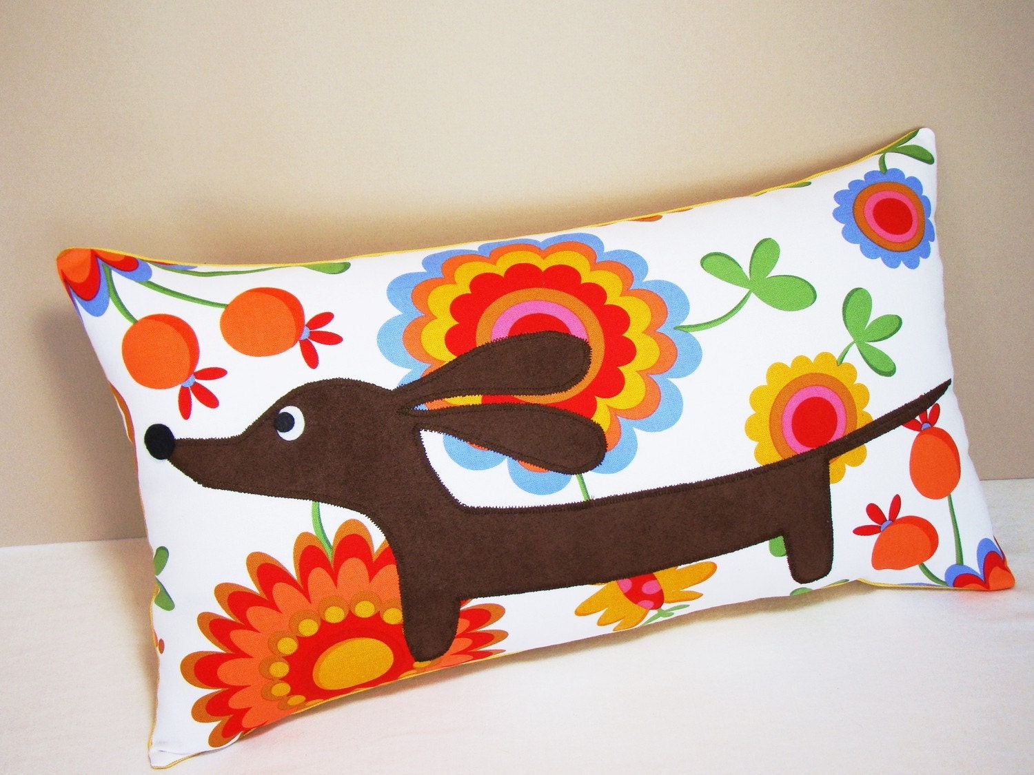Doxie in the Vibrant Garden Decorative Rectangular Dachshund Pillow Featuring Designer Cotton Fabric in Warm Tones READY TO SHIP
