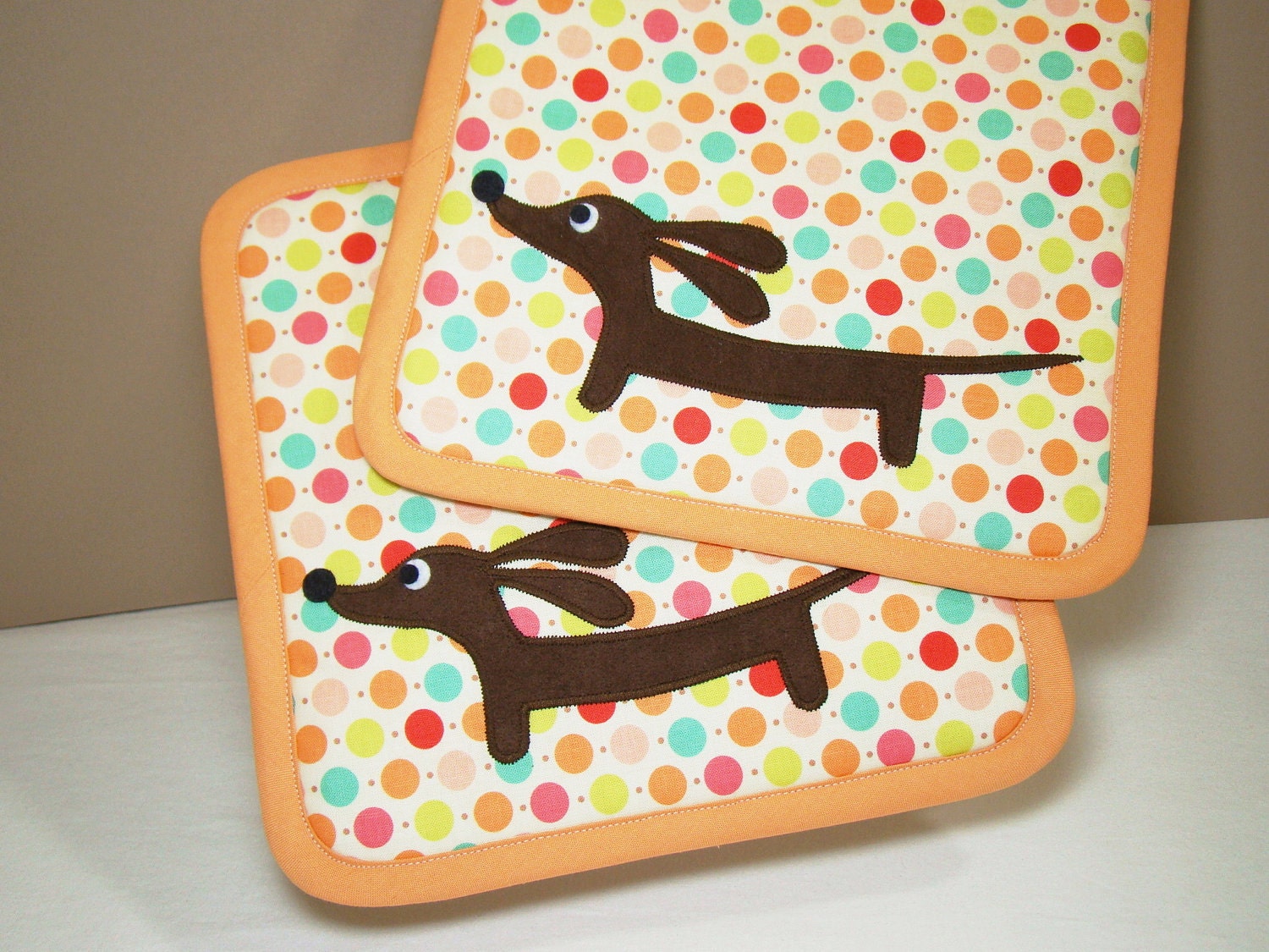 Doxie Rainbow Dot Kitchen Set of Two Supersized Dachshund Potholders Featuring Designer Cotton Fabric
