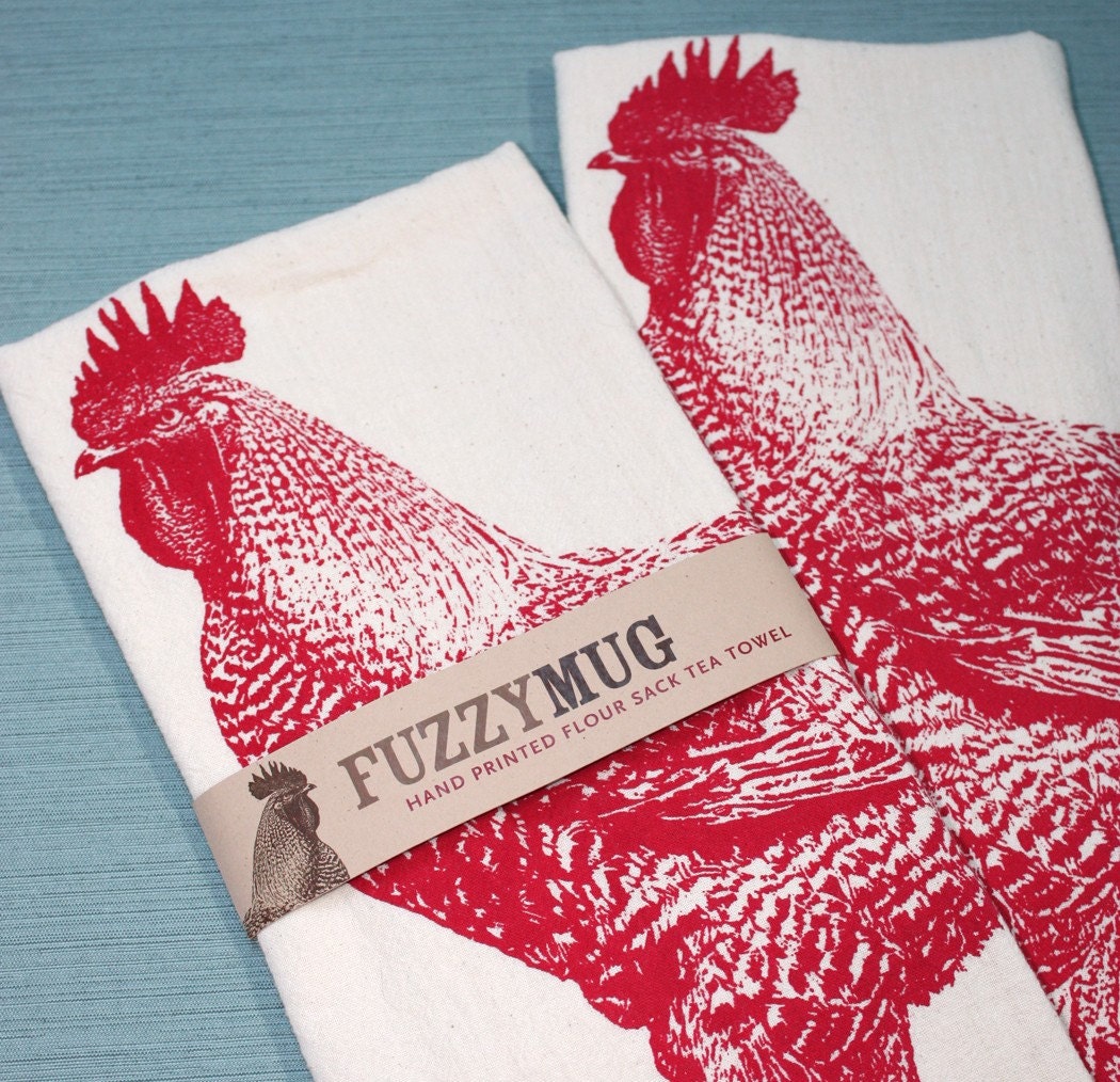 Rooster in Red - Hand Printed Flour Sack Tea Towel (Unbleached Cotton) - FuzzyMug