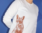Curious Little Fox Long Sleeve TShirt, Rust on White - Ladies L