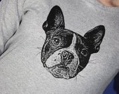 Boston Terrier Long Sleeve TShirt, Black on Heather Gray - Ladies L