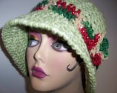 GRACEFUL GREEN Hat Handmade Crochet Bucket Style Cloche w/Sparkle Band and Flower