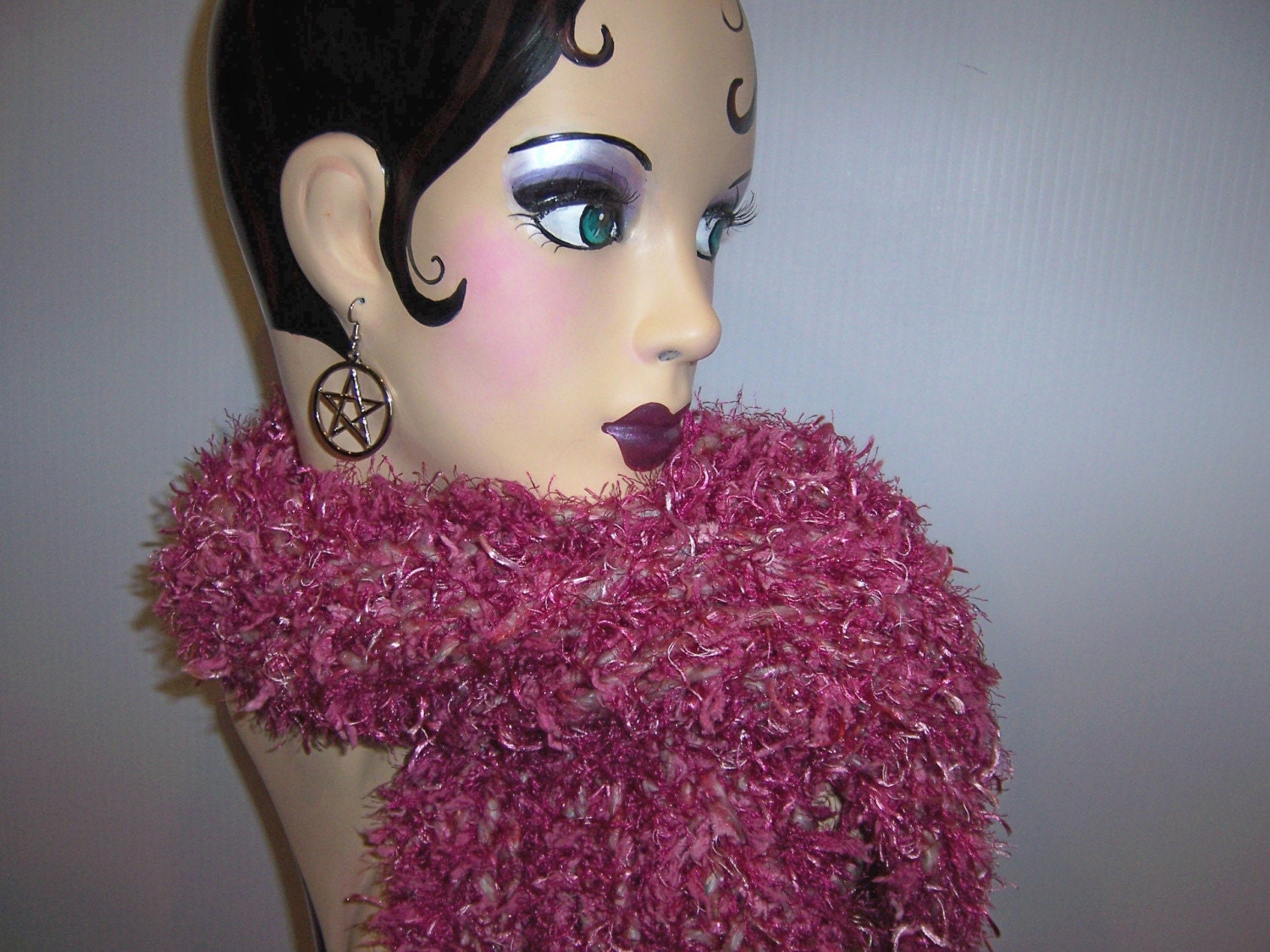 FUCHSIA FUR Goddess Scarf Handmade Hand Knit Rag Fun Fur And Soft Fur Knit Together