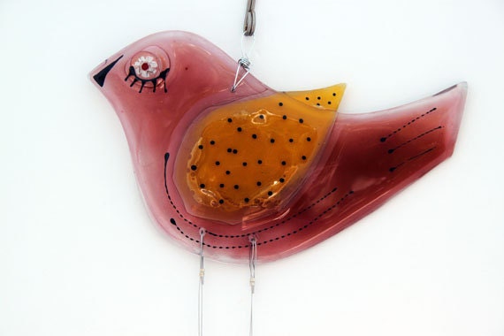 Fused Glass pink Bird  Windchime, Suncatcher
