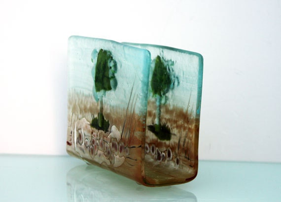 napkin holder,  Fused Glass Earth toning landscape