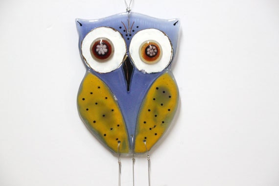 purple Owl Windchime mobile , fused Glass garden artwork suncatcher