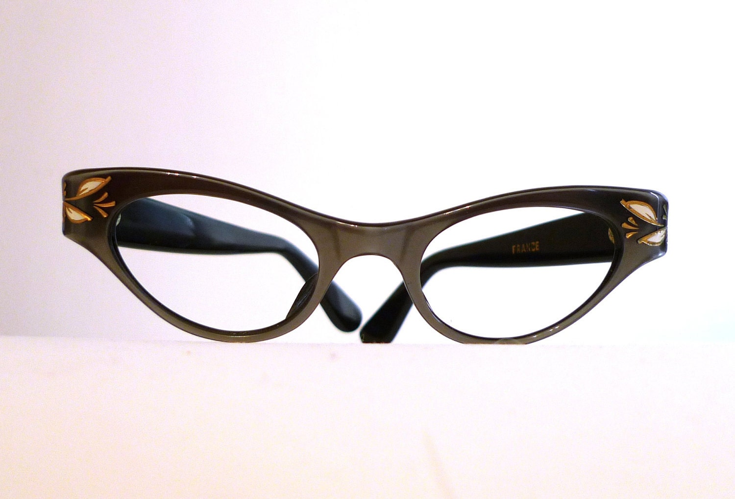 Gilded White Vine Cat Eye Eyeglass Frames, France, Grey-Black Eye or Sunglasses, NOS