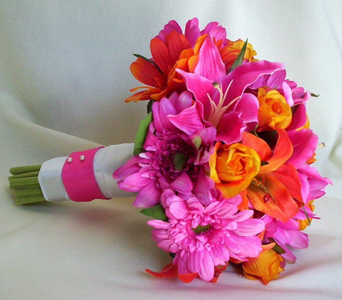 Silk Bridal Bouquets Hot Pink Lillies by AmoreBride Bouquets Orange Gerberas artificial destination Wedding Flowers Fuschia Accessories