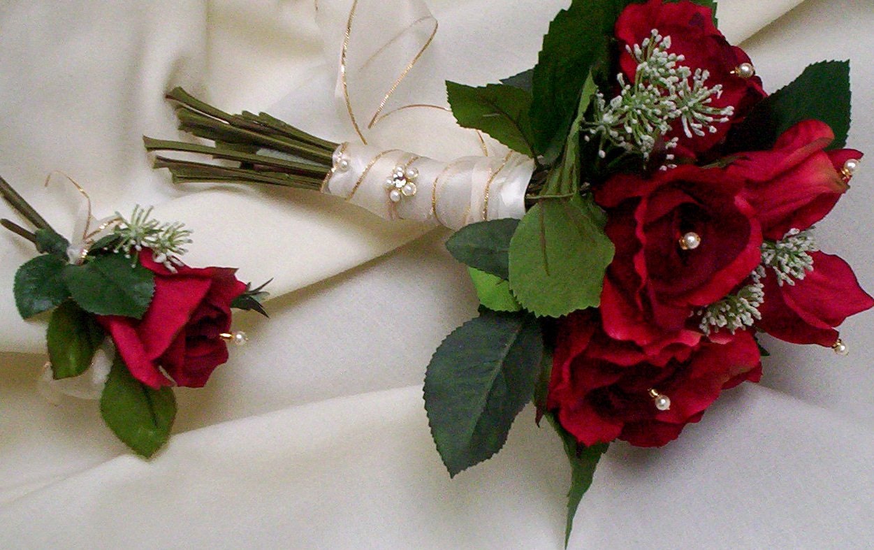 destination Wedding flowers Red Bridal bouquet Ready to ship Faux Roses boutonniere bridesmaid cruise wedding accessories