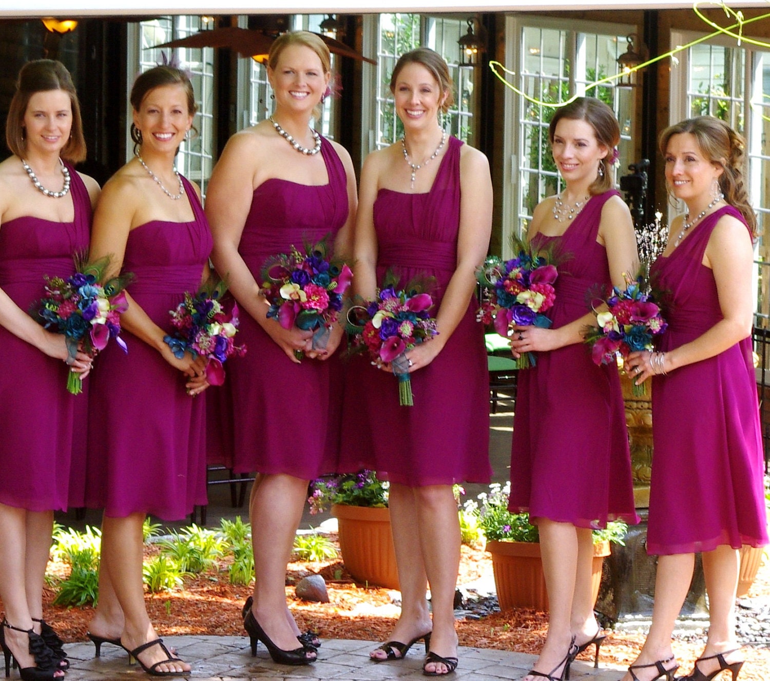 Teal Peacock feather Bridal Bouquet Brides maids artificial wedding flowers purple, Raspberry, pink bokay package custom for Terianna