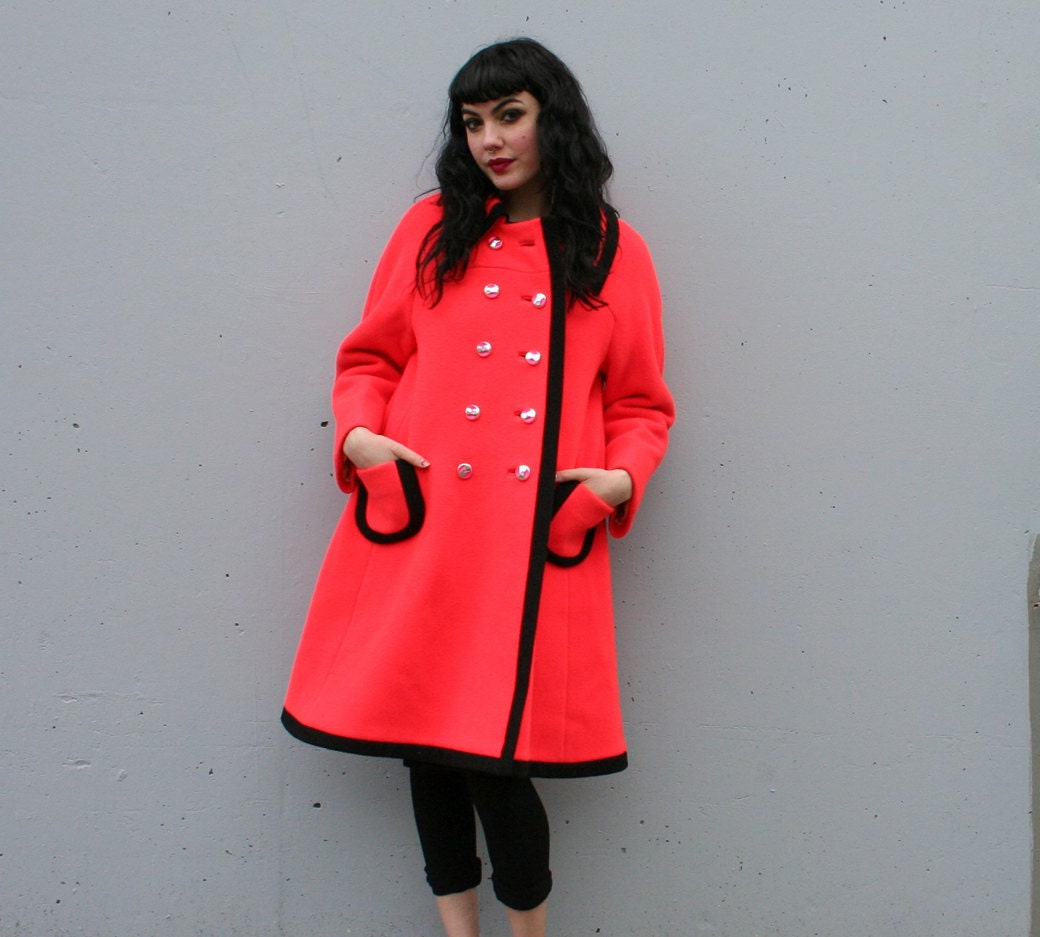 1960s Mod WINTER COAT / Bright Orange A-Line Wool, s-m