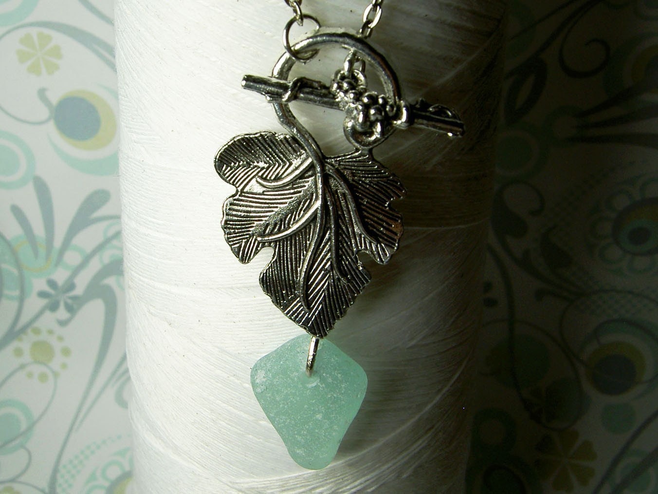 Ecstasy - genuine vintage aqua sea glass and grape leaves lariat necklace