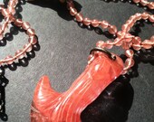 Beautiful Rose Quartz with Hand Carved Flower and Fish, LUCKY Necklace