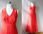 Vintage 1960s Maxi Dress, Polka Dot Red & White,
