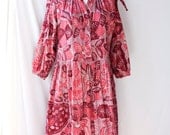 Vintage Dress,  Pink Batik Print , cotton hippie Boho