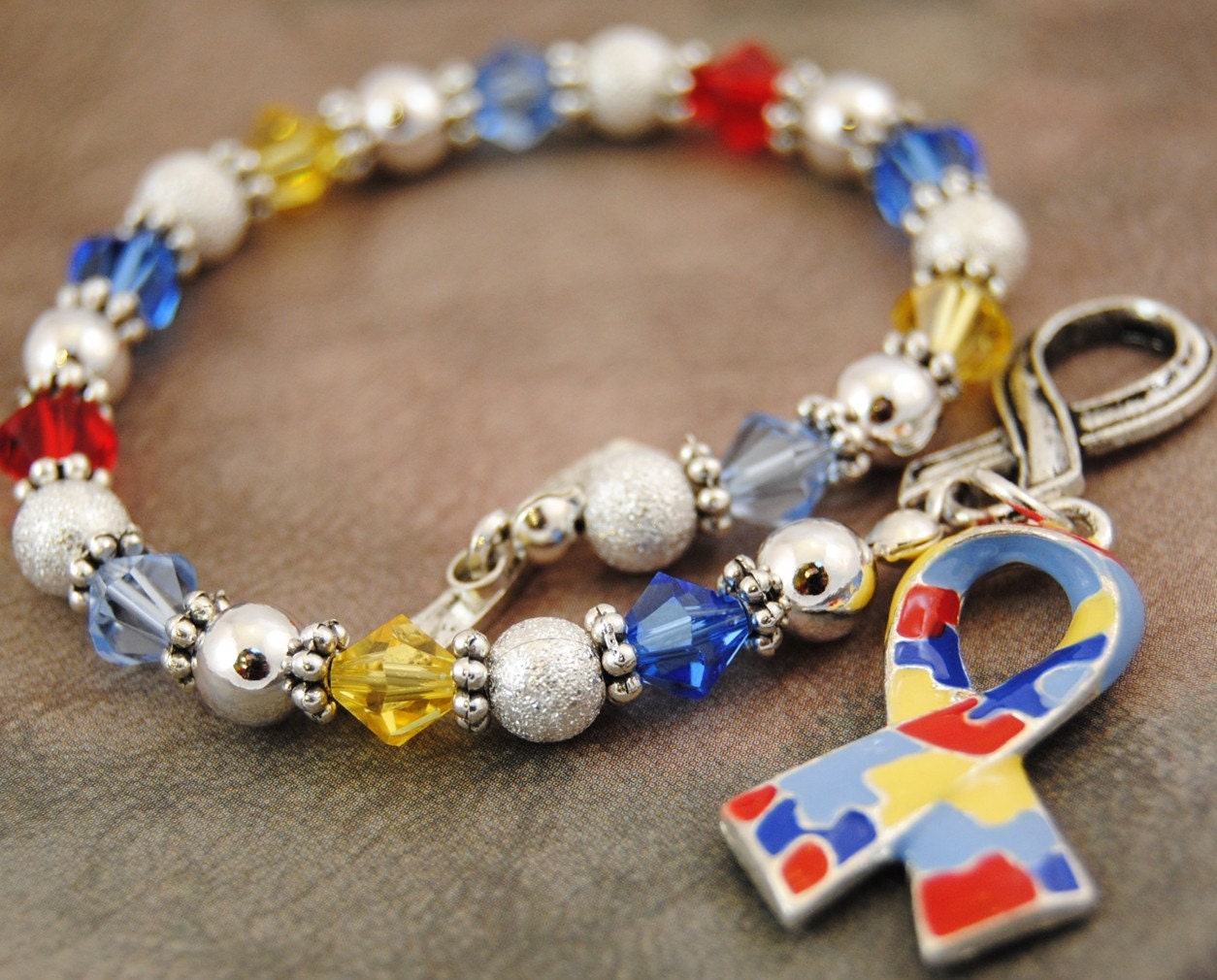 Autism Awareness Bracelet Jewelry with Swarovski Crystals and Autism Support Ribbon Charm