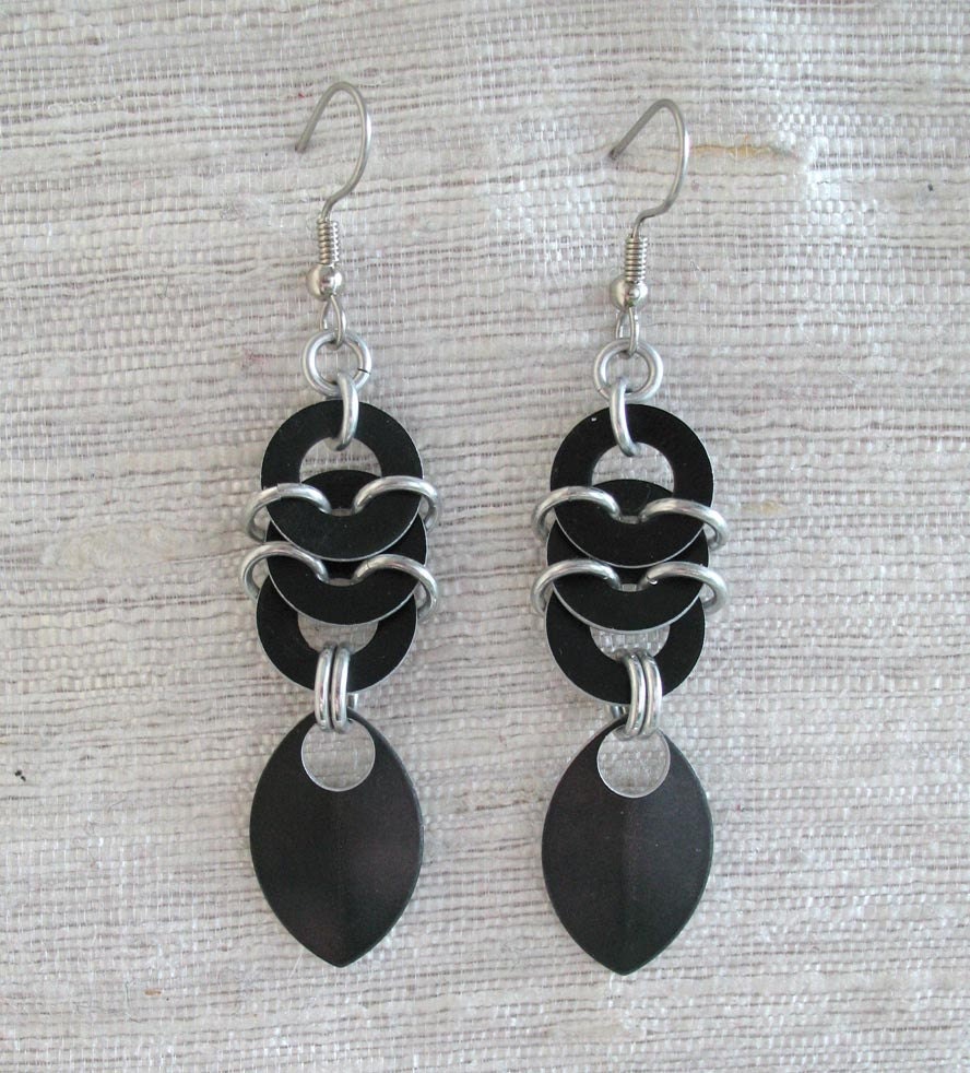 Black Chainmaille Stacked Coin and Leaf Earrings