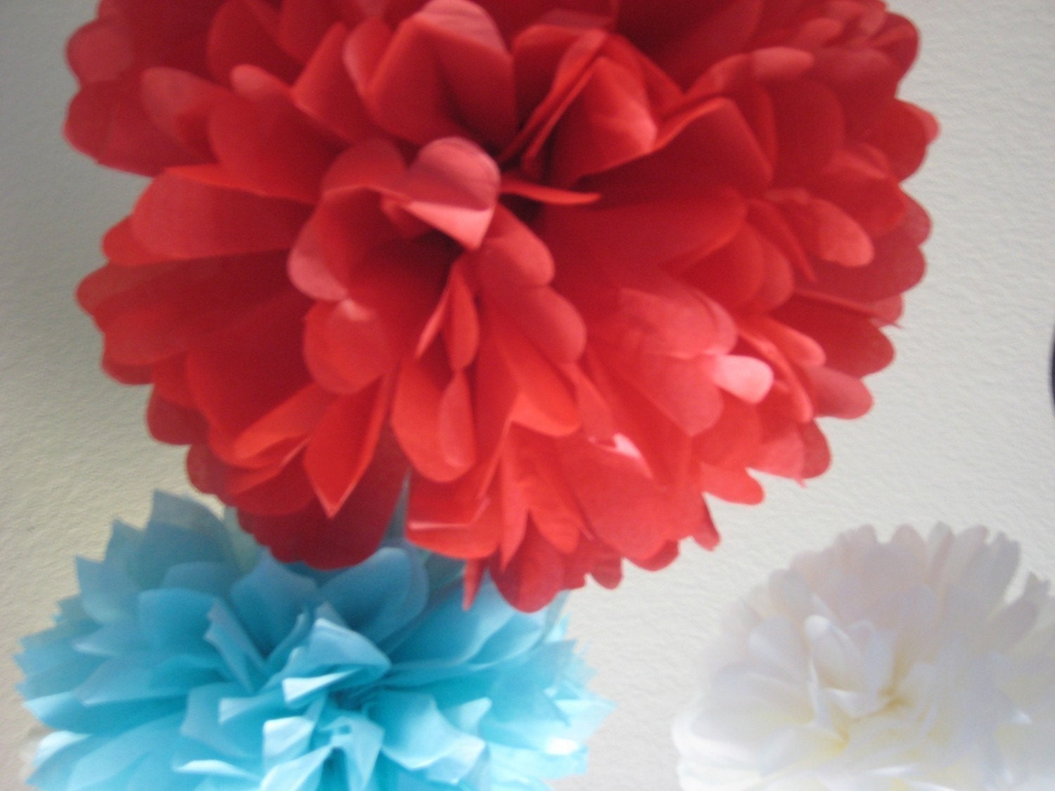 Circus Fever - 10 Tissue Paper Pom Poms Decoration Holiday Party NYE DIY Kit - Red Aqua Blue and White