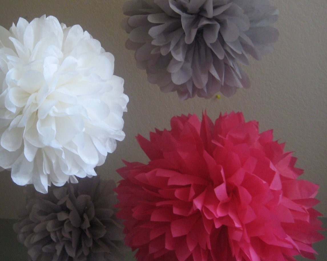 Love Story - 5 Tissue Poms DIY Kit - Pinkalicious Party Decoration - Hot Pink and Gray Papered Pom poms Il_570xn