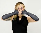 Fingerless gunmetal opera gloves by Plastik Wrap in latex like finish, sleeves, arm warmers, sleek, modern, futuristic.