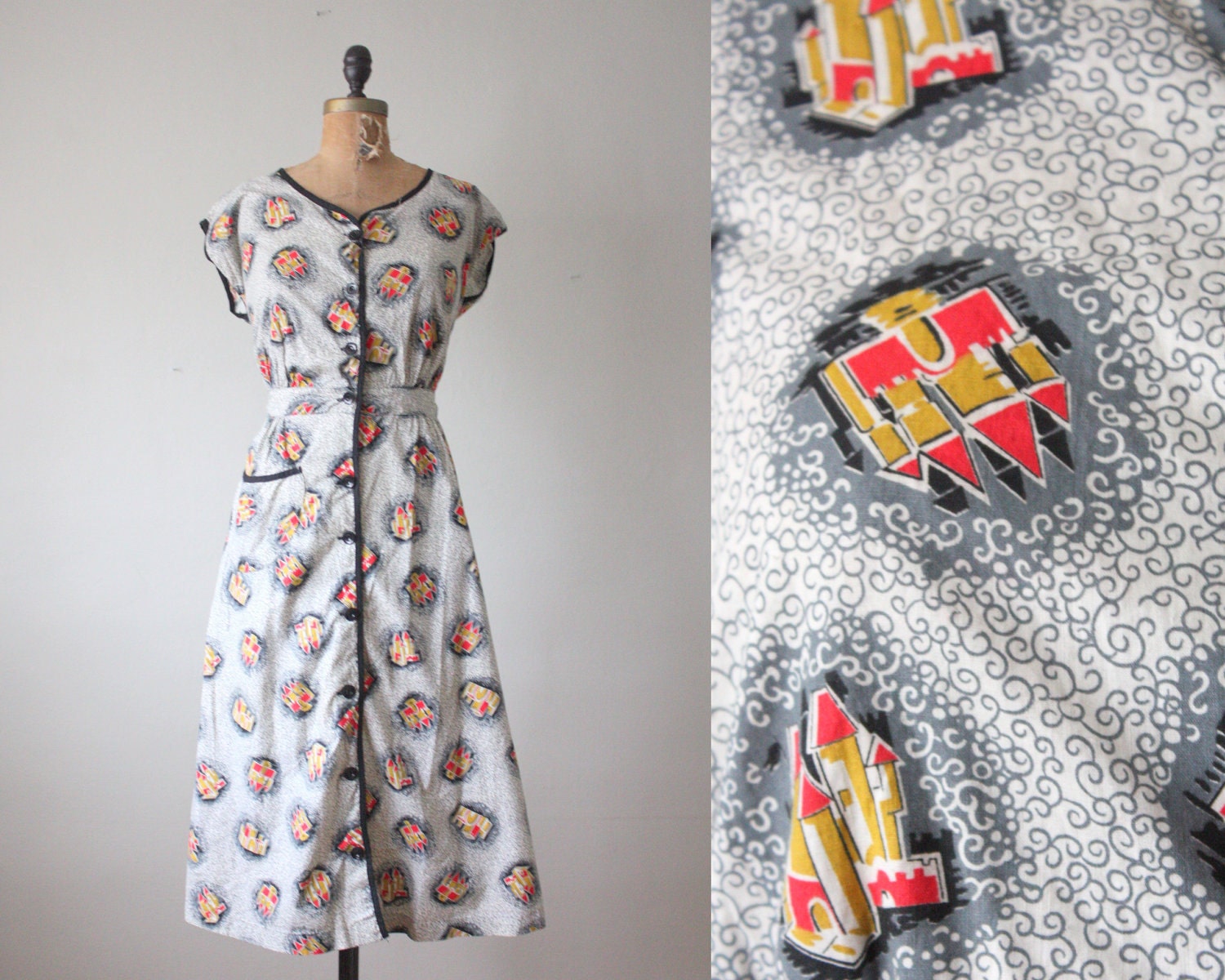 1950s dress - vintage 1950's midcentury castle print dress