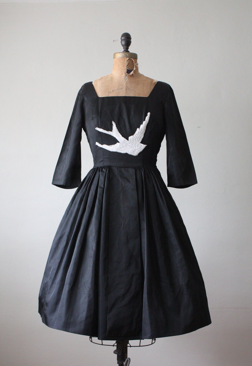 bird dress - 1950's black lace bird dress