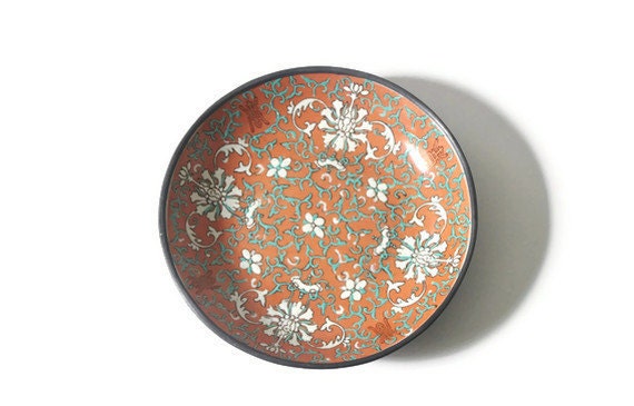 Vintage Asian Oriental Ornate Floral Teal & Coral Japanese Porcelain Ware Bowl Plate With Lead Lining