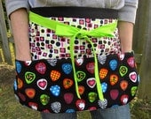 4 Large Pocket -REVERSIBLE Vendor Apron- Totally Rock Fabric- Black, lime, pink, blue with Key Fob -(PADDED POCKETS)