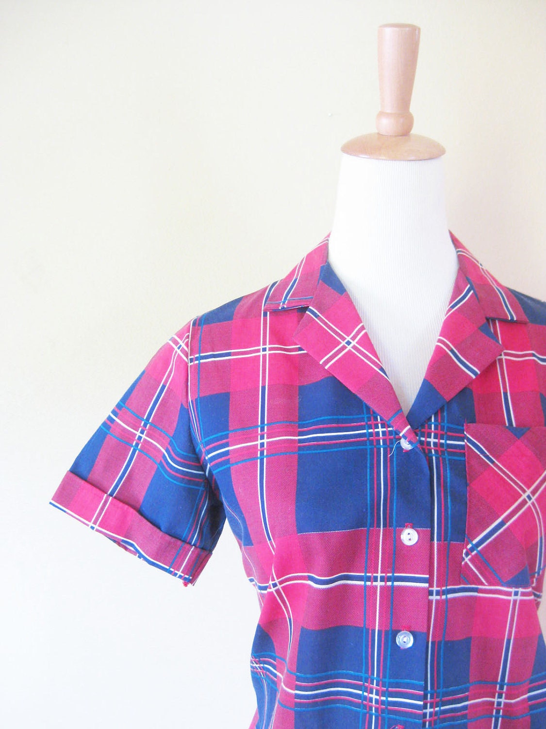 Vintage 1960s Blouse // 60s PLAID Shirt // Indie HIPSTER Womens Shirt Small Medium S M Tartan Blue and Red