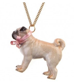 Pug Necklace Porcelain Ceramic Dog Pink Bow Animal Necklace