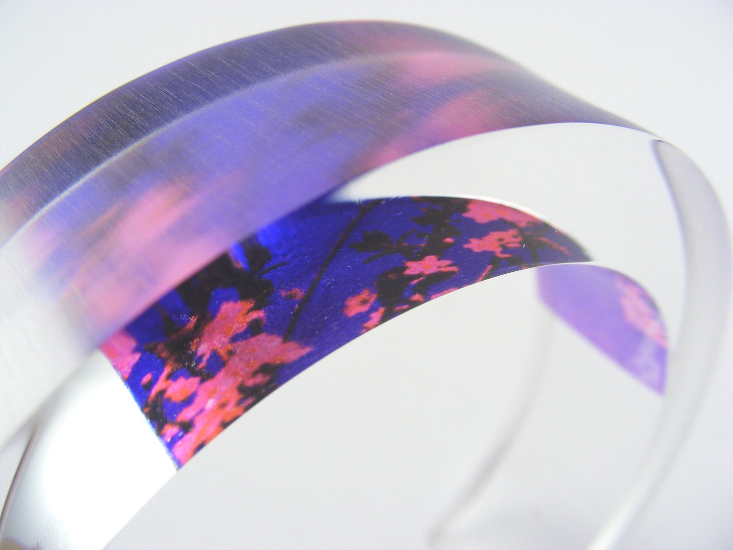Chunky Acrylic Bracelet, Handmade Purple Floral Pattern Bangle Special Offer Medium Size