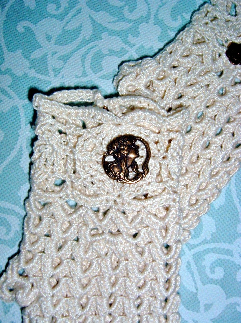 Ecru Lacy Crochet Gloves -Fingerless and Romantic with Art Nouveau Buttons