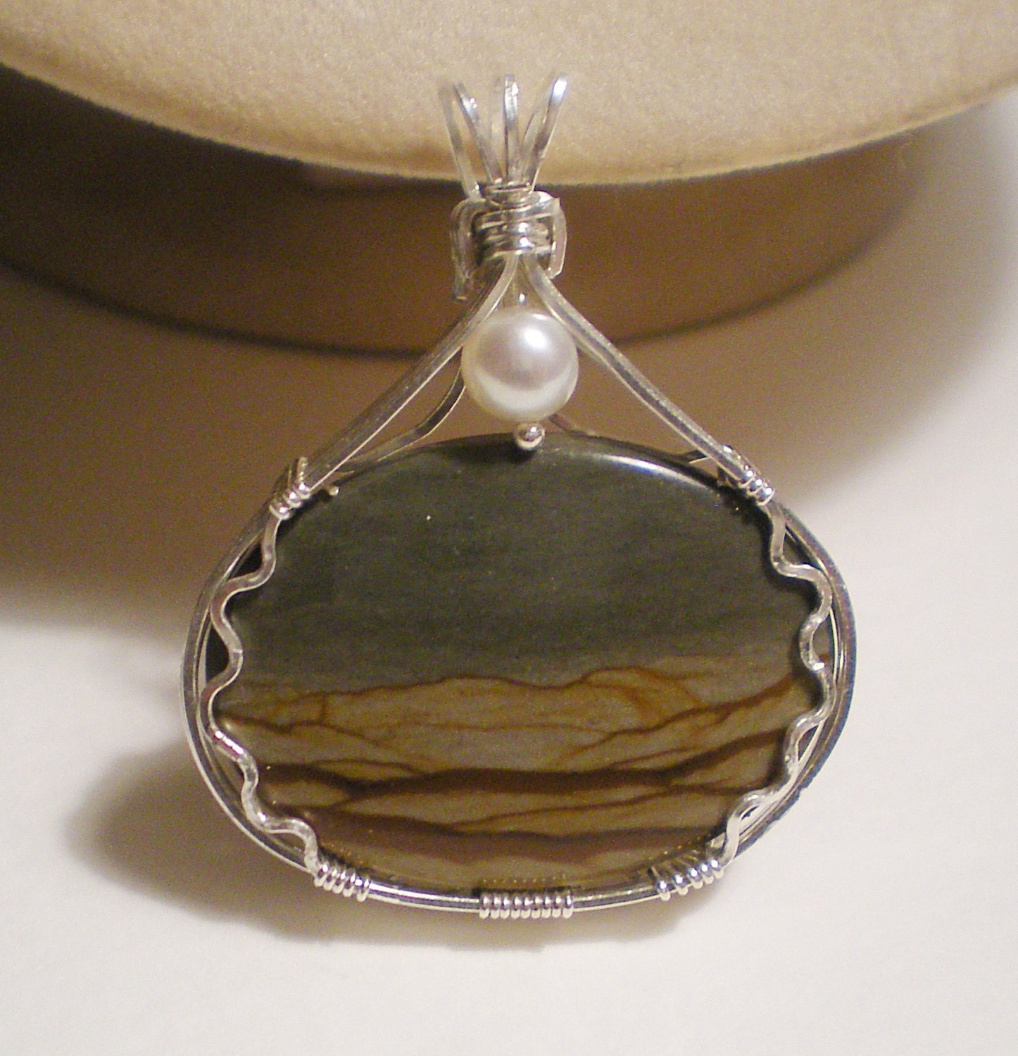 Cripple Creek Jasper and Pearl sterling silver wire wrapped pendant - EmBound