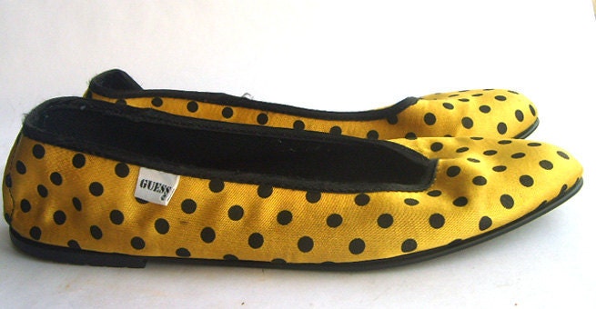 1980s Guess Black and Yellow Polka Dot Satin Flats. Size 8.5