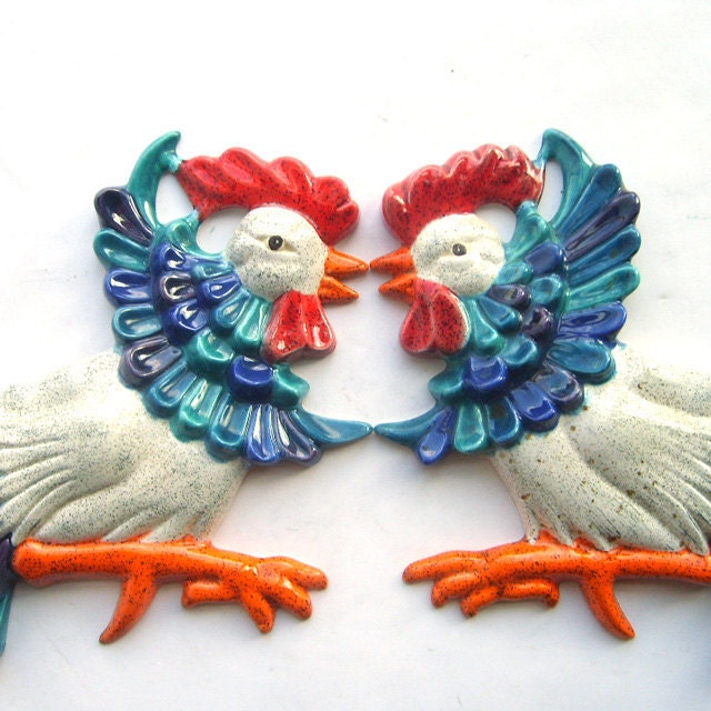 Colorful Kissing Ceramic Roosters