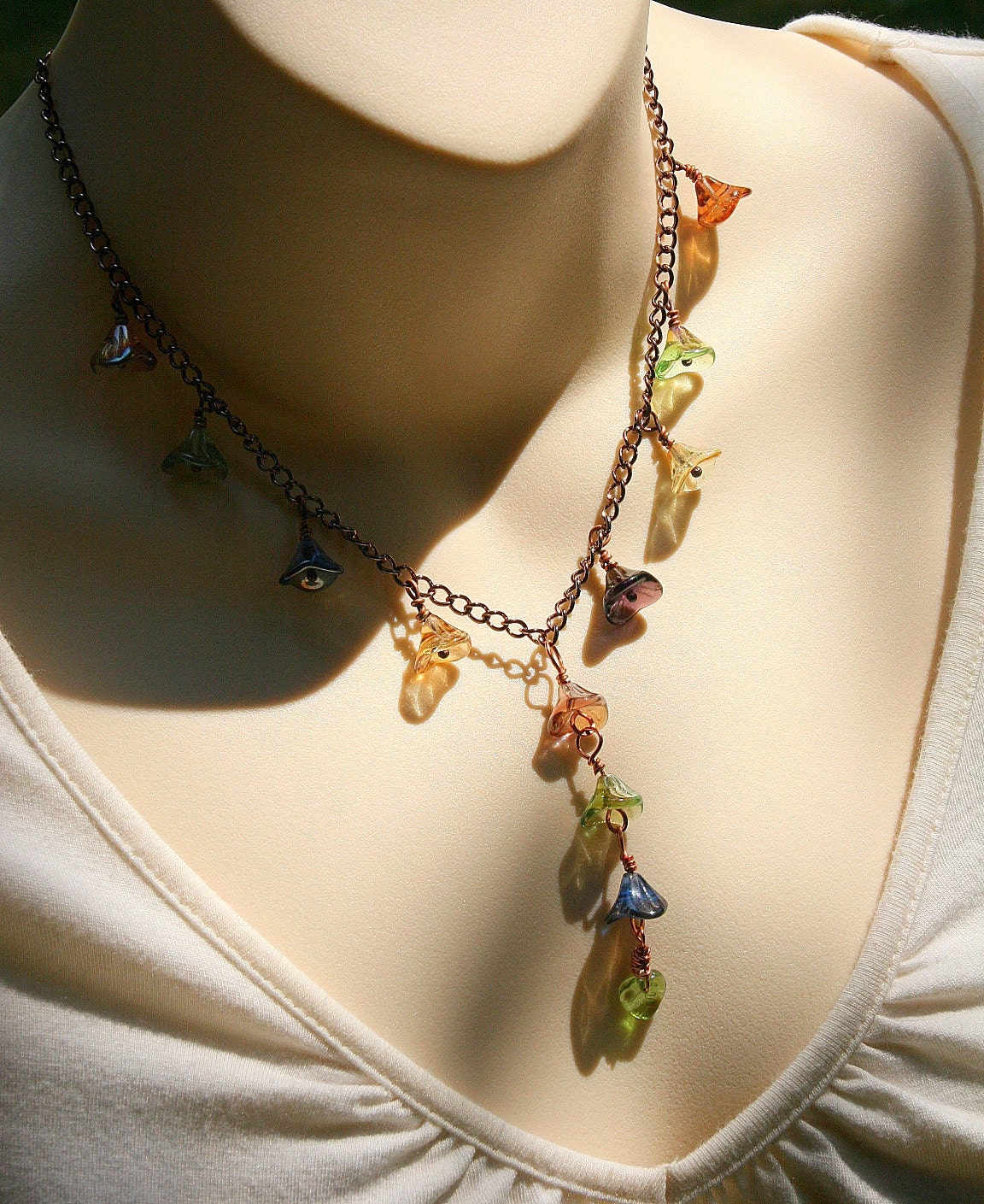 Colorful Glass Copper Wrapped Flowers on Delicate Copper Chain, Necklace