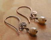 Swirls and Pearls Collection - Tiny Freshwater Pearl and Hammered Copper Earrings