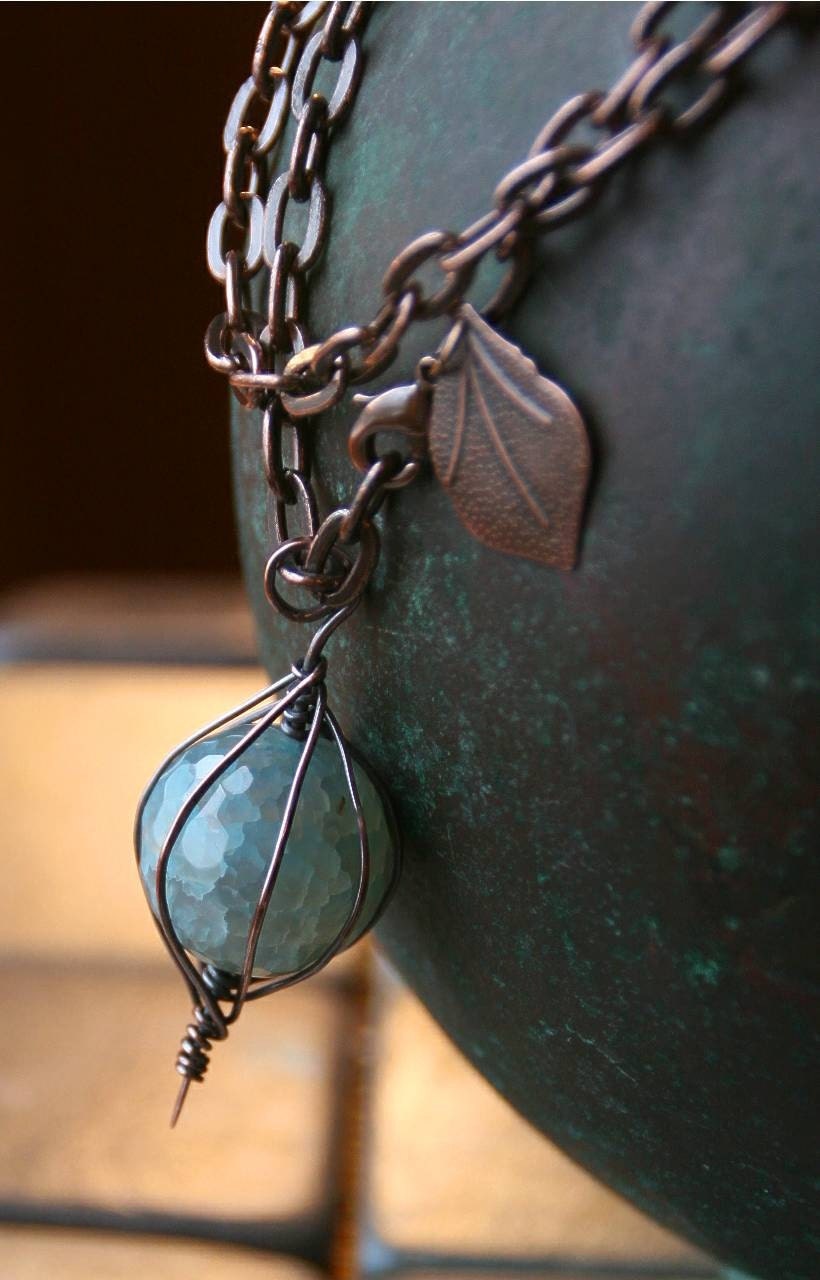 Spring Clearance - Caged Blue Lace Agate Copper Pendant with Heavy Copper Chain