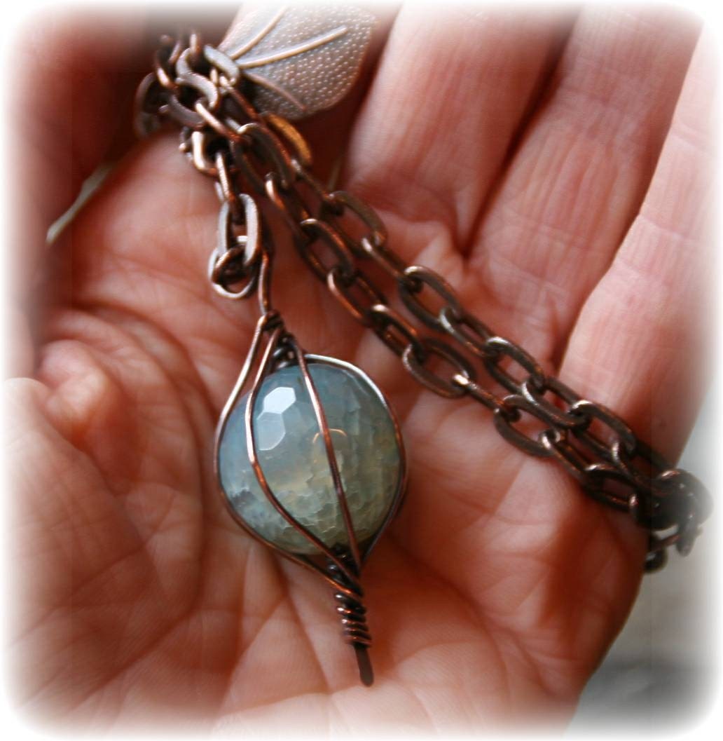 Spring Clearance - Caged Blue Lace Agate Copper Pendant with Heavy Copper Chain
