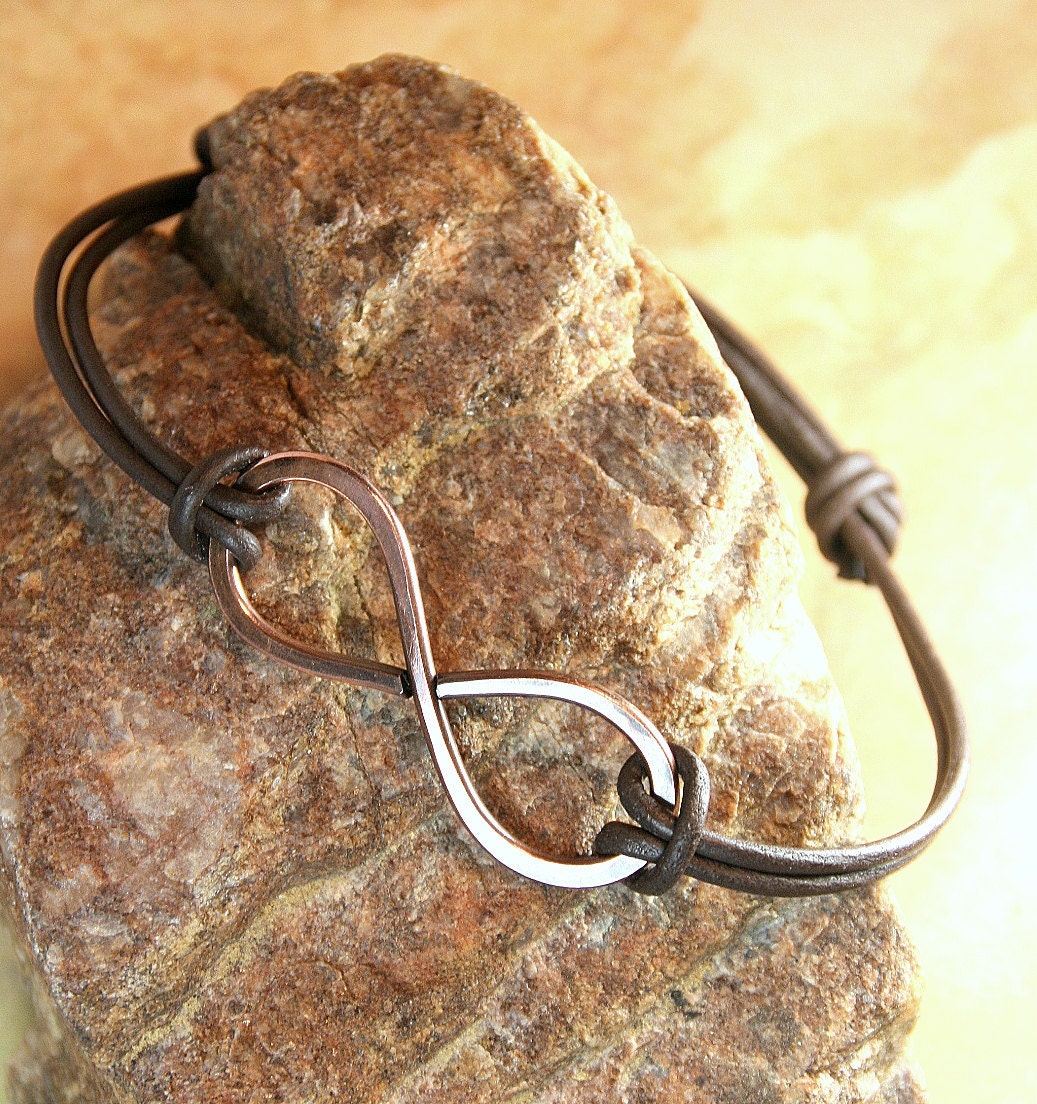 Handcrafted, Hammered Copper and Leather Infinity Bracelet, Adjustable and Unisex
