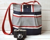 WATER PROOF Diaper bag Blue Denim navy ,Red  and Ecru  Pleated Nautical striped French Messenger 10 Pockets